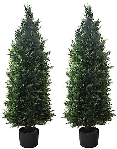 Artificial Topiary Tree 2-Set - Beautiful Realistic Faux Cedar Pines, 4 Feet Tall, UV Protection for Longer Life, 6" Wide Heavy Duty Pots for Outdoor & Indoor Decor