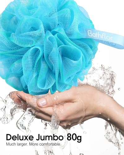 80g Loofah Sponge, Long Handle Loofah for Shower Bath Wash, 4 Extra Large 80g Soft Loofa Pouf, 1 Long Handle Curved Luffa on a Stick, 1 Shower Hook, Body Scrub for Men&Women (4 Color)