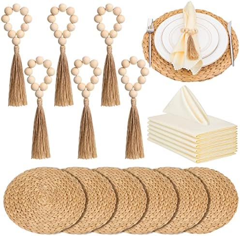 Gejoy Boho Woven Placemats Wood Bead Napkin Rings with Dinner Napkins Cloth Round Water Hyacinth Placemats Heat Resistant Mats Wooden Rings for Plates Wedding Dining Table(18 Pcs)