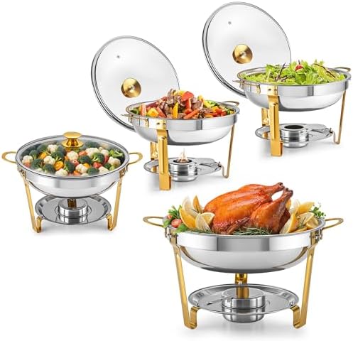 WILPREP Chafing Dishes for Buffet, 4 Pack 5 qt Round Chafing Dish Set with Glass Lids Holders Foldable Frames, Food Grade Stainless Steel Food Warmers for Parties Buffets Banquets, Gold & Silver