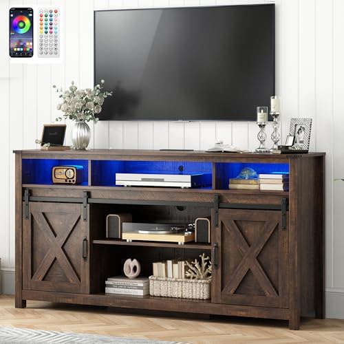 LED Farmhouse TV Stand for 70/65/60inch TV with Power Outlets, 32" Tall Modern TV Stands for Living Room,TV Entertainment Center with Sliding Barn Door,Sideboard Cabinet(Brown)