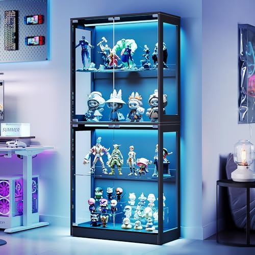 AMERLIFE RGB Display Cabinet with Adjustable Glass Shelves, 4-Tier Storage Case with LED Lights & Press-to-Open Doors, Modern Display Shelf for Collectibles, Black 70" H×32" L×16" D