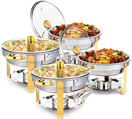 ROVSUN 5QT 4 Packs Chafing Dish Buffet Set Gold Accent, NSF Round Stainless Steel Buffet Warmer Chafers and Warmers Sets with Glass Lid & Lid Holder for Catering Events Parties Weddings Dinners