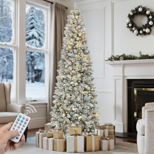 GOOBED Prelit Flocked Pencil Christmas Tree 7.5 FT, Slim Fraser Fir Christmas Tree with Remote for Compact Apartment, Xmas Tree with Dual Color 350 Lights & 1000 Branch Tips for Home Office Holiday