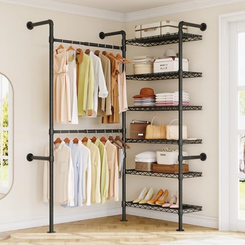 L2 Wall Mounted Closet System, Industrial Pipe Clothing Rack Clothes Racks with 2 Telescopic Rod & 6 Shelves, Heavy Duty Closet Organizers System in Wardrobe Closet, Black