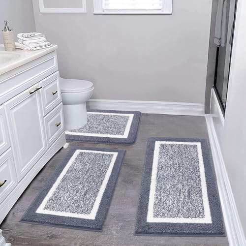 Pauwer 3 Piece Bathroom Shower Rug Set with U-Shaped Contour Toilet Mat, Absorbent Microfiber Plush Bath Mats, Non Slip, Machine Washable Shaggy Bathroom Floor Mats