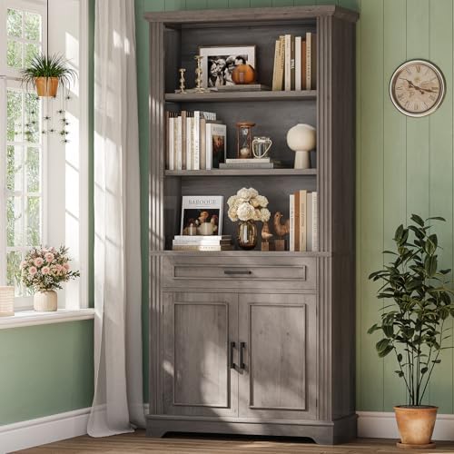 SEDETA Farmhouse Bookshelves and Bookcases with Doors and Drawer, Bookshelf with Storage, Floor Standing 6 Shelf Display Storage Shelves 70 in Tall Bookshelf for Home Office, Living Room, Grey