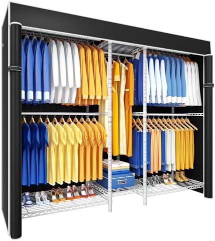 Ulif E12C Heavy Duty Closet Organizer System,Freestanding Clothing Racks for Hanging Clothes,Adjustable Garment Rack 71" W x 16" D x 76.5" H Hold 960 lbs,White Clothing Rack with Black Dustproof Cover