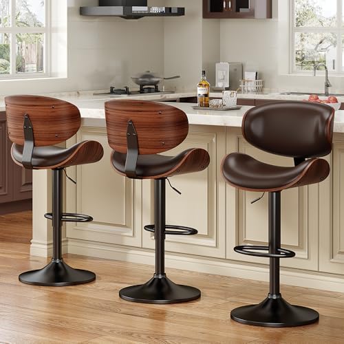 Bar Stools Set of 3, Bentwood Adjustable Height Swivel Bar Stools, PU Leather Upholstered Bar Chair with Back and Footrest for Bar, Kitchen, Dining Room, Brown