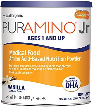 PurAmino Junior Hypoallergenic Toddler Drink, for Severe Food Allergies, Omega-3 DHA, Iron, Immune Support, Vanila Powder Can, 14.1 Oz