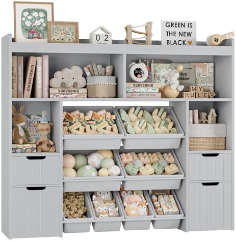HORSTORS 55" W Toy Storage Organizer with Drawers, Large Kids Toy Storage Box with Removable Bins, Tall Kids Bookshelf and Bookcase for Boys and Girls, Modern Toy Chest for Playroom, Classroom, Grey