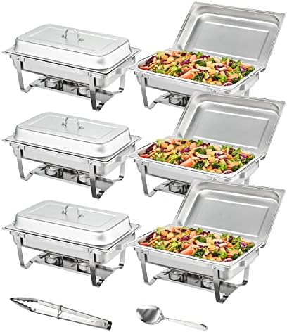 VEVOR Chafing Dish Buffet Set, 8 Qt 6 Pack, Stainless Chafer with 6 Full Size Pans, Rectangle Catering Warmer Server with Lid Water Pan Folding Stand Fuel Holder Tray Spoon Clip, at Least 8 People Eac