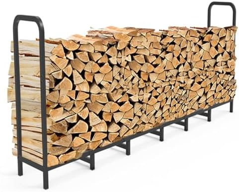 8ft Firewood Rack Holder, Adjustable Heavy Duty Fire Log Stacker Stand for Fireplace, Outdoor Indoor Metal Wood Pile Storage Organizer, Patio Logs Stand tool, Black