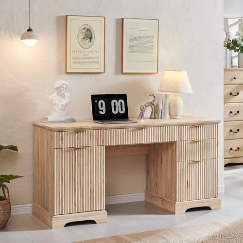 JXQTLINGMU 58" Modern Executive Desk with Storage, Wood Home Office Desk with 5 Drawers & 1 Cabinet, Fluted Computer Writing Desk for Study, Living Room, Bedroom, Oak