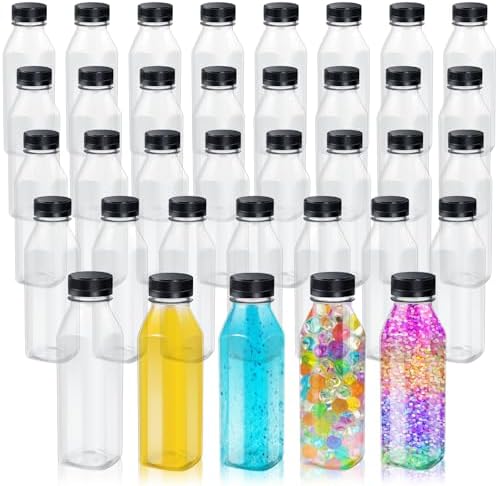 Honeydak 12 Pcs Empty Sensory Bottles Bulk with Black Lids 12 oz / 350 ml Clear Plastic Reusable Leakproof Juice Bottles Drink Container for Sensory Crafts Handmade Beverages Storage (Square)