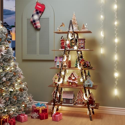 YOUDENOVA 5-Tier Ladder Bookshelf, Industrial A-Shaped Bookcase, Christmas Village Display Stand, Tall Ladder Shelf Storage Organizer for Living Room, Home Office, Black