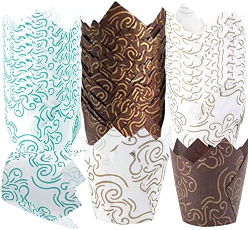 600 Pcs Cupcake Liners Tulip Baking Cups Cupcake Tulip Muffin Liners for Baking Brownie Paper Wrappers Greaseproof Holders for Birthday Party Wedding(White,Brown,Green)