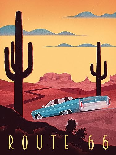America's Main Street, Vintage Converible Car, US Highway Route 66, Route 66, Historic Route 66, Iron On Heat Transfer, T-Shirt Iron On, DYI Iron On Transfer #8 (Dark Color Fabric Transfer)