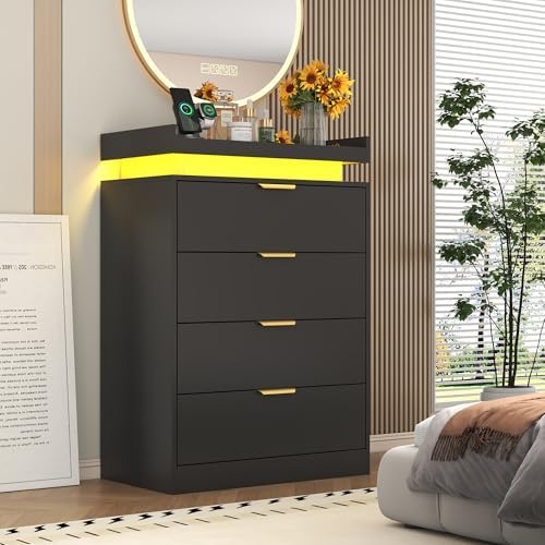 Black Dresser with LED Lights, Wooden LED Dresser, 4 Drawer Chest with Charging Station, Tall Chest of Drawer Closet Organizer for Bedroom, Living Room, Entryway, Hallway
