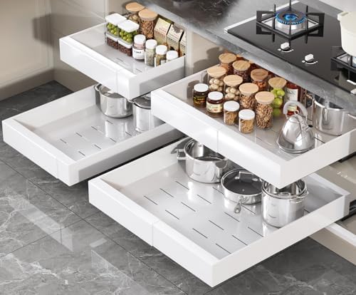 4 Pack Pull Out Cabinet Organizer 21" Deep With Raising Pad for Framed Cabinets,Full Extension 3 Slide Rails Slide Out Drawers,Expandable Width (12.3"-20.5"),No Drill Roll Out Shelves,White