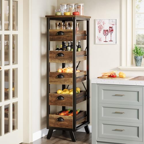 Tribesigns Wood Fruit and Vegetable Storage Rack, 5-Tier Narrow Snack Stand Kitchen Stand Fruit Basket, Pull-Out Utility Organizer for Kitchen, Living Room, Rustic Brown