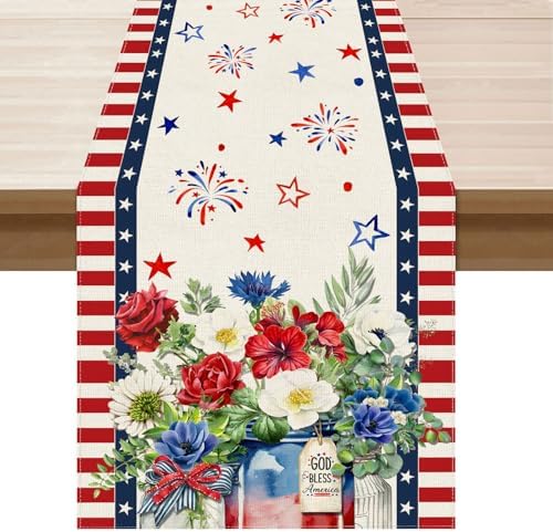 Stripes Colorful Flowers Vases Stars Fireworks Patriotic America 4th of July Memorial Day Independence Day Table Runner Decoration for Home Kitchen Holiday Party 13x90 Inch