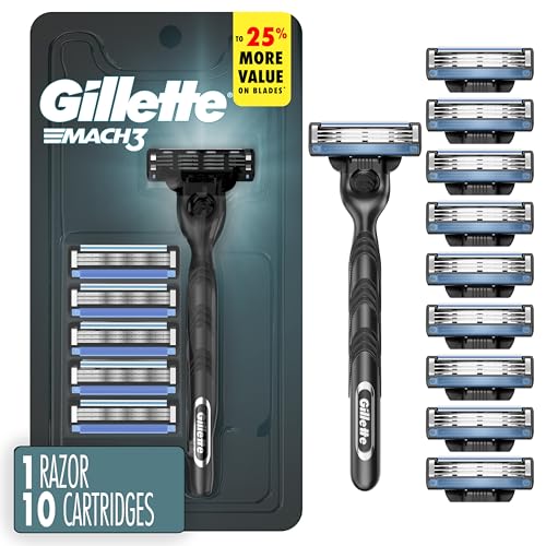 Gillette Mach3 Shaving Razor for Men, 1 Gillette 3-Blade Razor Handle for Menβs Grooming, 10 Razor Blade Refills, Razor Blades with Lubrication Strip