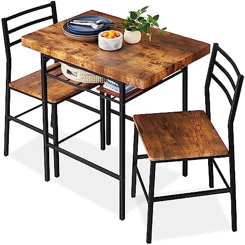 Best Choice Products 3-Piece Modern Dining Set, Space Saving Dinette for Kitchen, Dining Room, Small Space w/Steel Frame, Built-in Storage Rack - Medium Brown/Black
