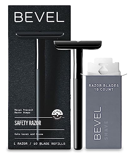 Bevel Safety Razor with Brass Weighted Handle and 10 Double Edge Safety Razor Blade Refills, Single Blade Razor for Men, Designed for Coarse Hair to Prevent Razor Bumps, Black
