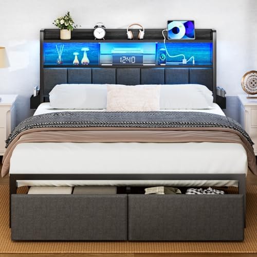 Furnulem Full Size Bed Frame with Headboard, Bed Frame Full Size with Storage Drawers, Charging Station and LED Lights, Metal Platform No Box Spring Needed, Upholstered Headboard, Noise Free, Black