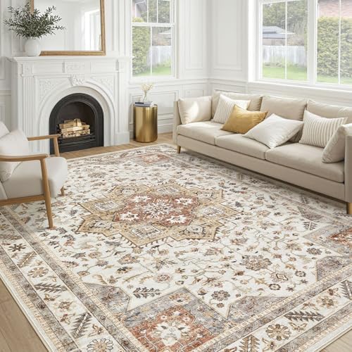 Vintage Living Room Area Rug 8x10 - Large Soft Washable Oriental Traditional Distressed Farmhouse Rugs for Bedroom - Indoor Floor Accent Carpet for Home Office House Decor - Golden Taupe