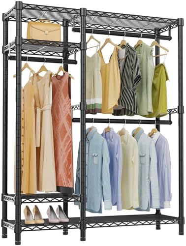VIPEK V2S Heavy Duty Clothes Rack, Portable Metal Clothing Racks with 4 Tiers Adjustable Wire Shelving & 3 Hanging Rods, Freestanding Wardrobe Portable Closet Rack, Max Load 800LBS, Black