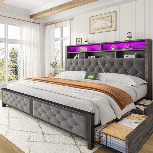 EnHomee King Size Bed Frame with 4 Drawers and Headboard Upholstered Storage,Wooden King Bed Frame with Charging Station and LED Lights,NO Noise,No Box Spring Needed,Gray