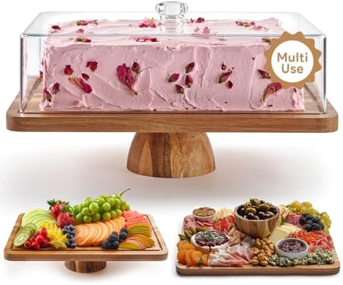 Acacia Wood Cake Stand with Lid - Rectangular Cake Holder, 2-in-1 Dessert Table Display Set & Charcuterie Board for Cheese, Chips, Fruit Platter, Large Acrylic Cake Dome Cover, No Glass