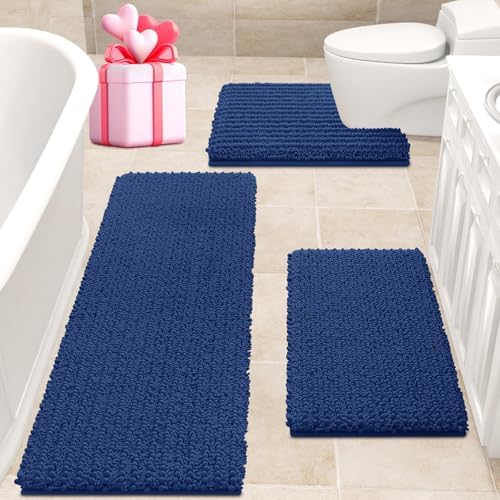 ACCUMTEK Upgrade Extra Large Blue Bathroom Rug Set 3 Pieces Ultra Soft, Thick Absorbent Bath Mats, Non Slip Chenille Toilet Mat for Bathroom, Bedroom, Kitchen