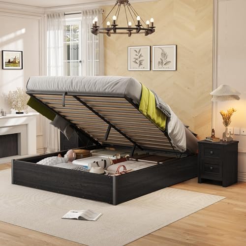 AMERLIFE Lift Up Storage Bed, Queen Bed Frame with Storage Underneath, Wooden Platform Bed Frame, Solid Wood Slats Support, No Fixed Headboard, No Box Spring Needed, Dark Oak