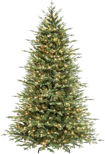 Hykolity 7.5 ft Prelit Artificial Christmas Tree, 2933 PE&PVC Branch Tips, 450 Warm White LED Lights, Metal Stand and Hinged Branches