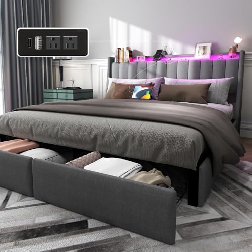 Queen Bed Frame with Headboard and 2 Storage Drawers, Platform Bed Frame Queen Size Upholstered with LED Lights and Charging Station, Steel Slat Support, No Box Spring Needed, Easy Assembly, Gray
