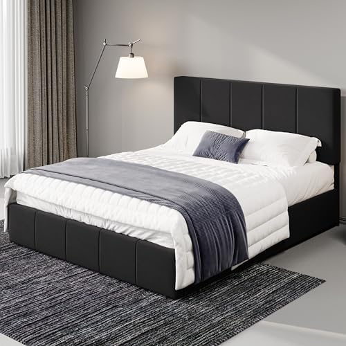 Allewie Full Size Dutch Velvet Upholstered Platform Bed Frame/Vertical Channel Tufted Adjustable Headboard/Low Profile Bed Frame/No Box Spring Needed/Easy Assembly/Black