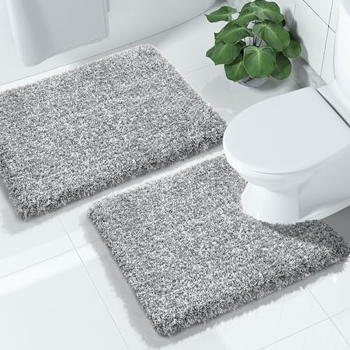 Yimobra Fluffy Bathroom Rugs Sets 2 Piece, Shaggy Toilet Rug U Shaped, Soft Non Slip Bath Mat,Thick Plush Shower Rug,Water Absorbent,Machine Washable,24x17+24x20 Inches, Light Gray and White