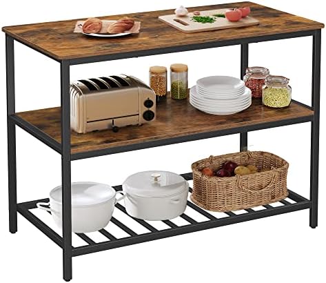 VASAGLE Kitchen Island with 3 Shelves, 47.2 Inches Width Kitchen Shelf with Large Worktop, Stable Steel Structure, Industrial, Easy to Assemble, Rustic Brown and Black UKKI01BX