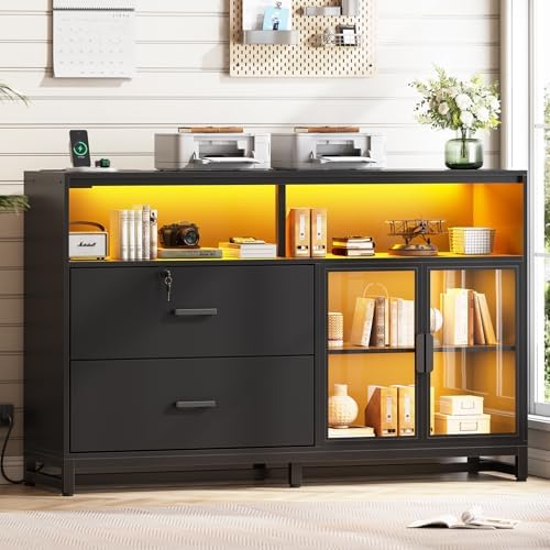 SEDETA 59" File Cabinet, 2 Drawers Filing Cabinets for Home Office fit Legal/Letter/A4 File, File Cabinet with Lock & Power Outlets, Printer Stand with Storage & LED Lights, Black