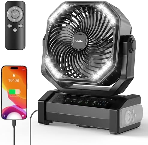 20000mAh Rechargeable Camping Fan - Battery Operated Fan with Light & Remote, Auto Oscillating, 4 Timer, 60 Hrs Work Cordless Tent Fan for Travel Outdoor RV Garage Power Outage Emergency