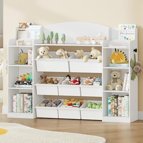 Toy Storage Organizer, Toy Shelf with 8 Storage Bins, Playroom Storage, Kids Bookshelf, 4-Tier Toddler Bookshelf for Children's Room, Bedroom, Living Room, Study Room, Nursery White KB43003W
