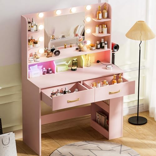 COMHOMA Vanity Desk with Lighted Mirror and Power Outlet, RGB LED Lights Makeup Vanity Set for Girls, Large Storage Capacity Dressing Table for Bedroom, 3 Lighting Modes Adjustable Brightness, Pink