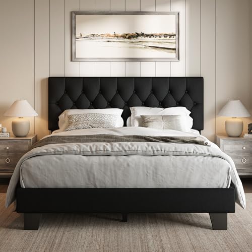 iPormis Upholstered Full Size Bed Frame with Button Tufted Headboard, Linen Platform Bed with Thickened Support Legs, Noise-Free/No Box Spring Needed/Easy Assembly, Black