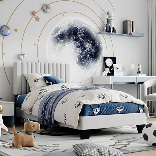 Twin Size Bed Frame, Fabric Upholstered Platform Bed with Adjustable Headboard, Sturdy Frame and Wooden Slats, Noiseless, No Box Spring Required, Easy to Assemble, Light Grey
