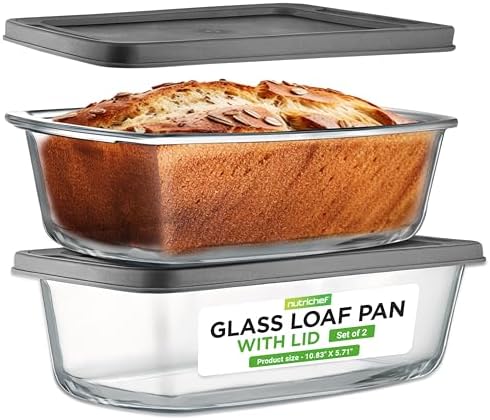 NutriChef 4 Piece Glass Loaf Pan Set with Lids - Stackable 1.9 QT/62oz Glass Bread Baking Dishes - 2 Food Storage Containers + 2 Airtight Lids, Oven & Microwave Safe, Dishwasher Safe - Clear