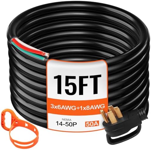 VEVOR 15 FT 50 Amp Generator Extension Cord 4 Wire 6 Gauge STW 6/3+8/1, 125V 250V Generator Power Cord N14-50P & SS2-50R with Portable Handle