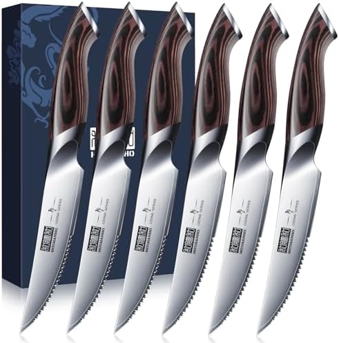 HOSHANHO Steak Knives Set of 6, Ultra Sharp 4.5 Inch Serrated Steak Knife Set, Japanese High Carbon Steel Kitchen Steak Knives with Ergonomic Handle